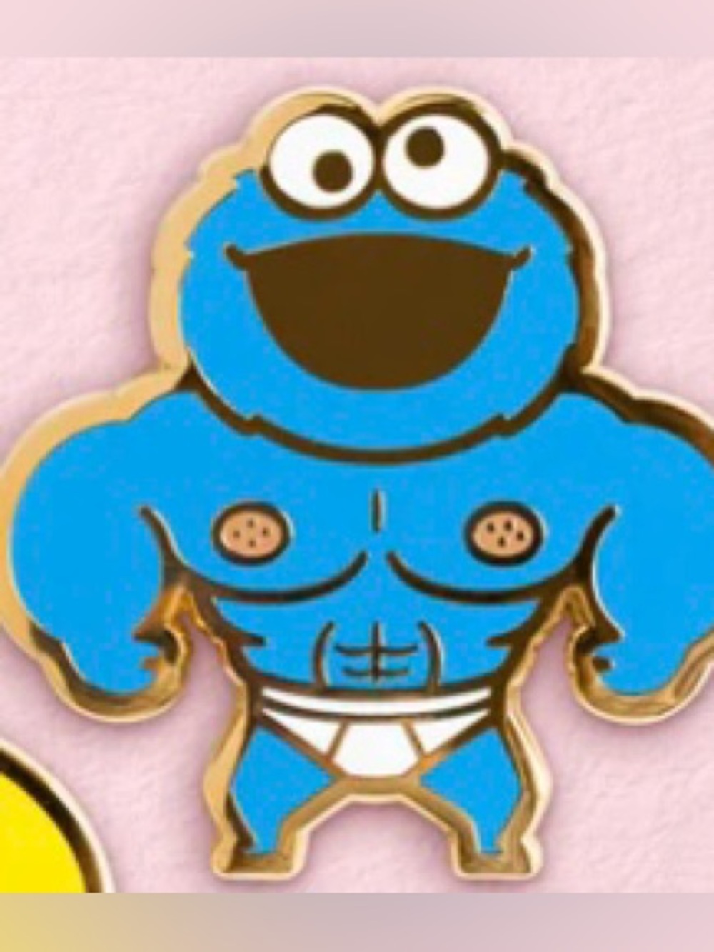 Swolsame Street enamal pin.  Blue Cookie Monster Muscle Pin